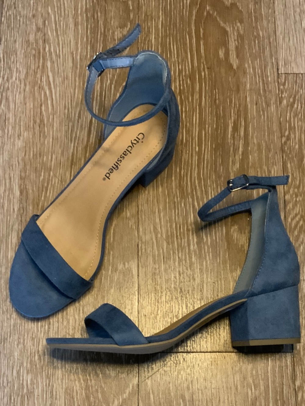 Cityclassified Navy Suede Ankle-Strap Block Heel Sandals